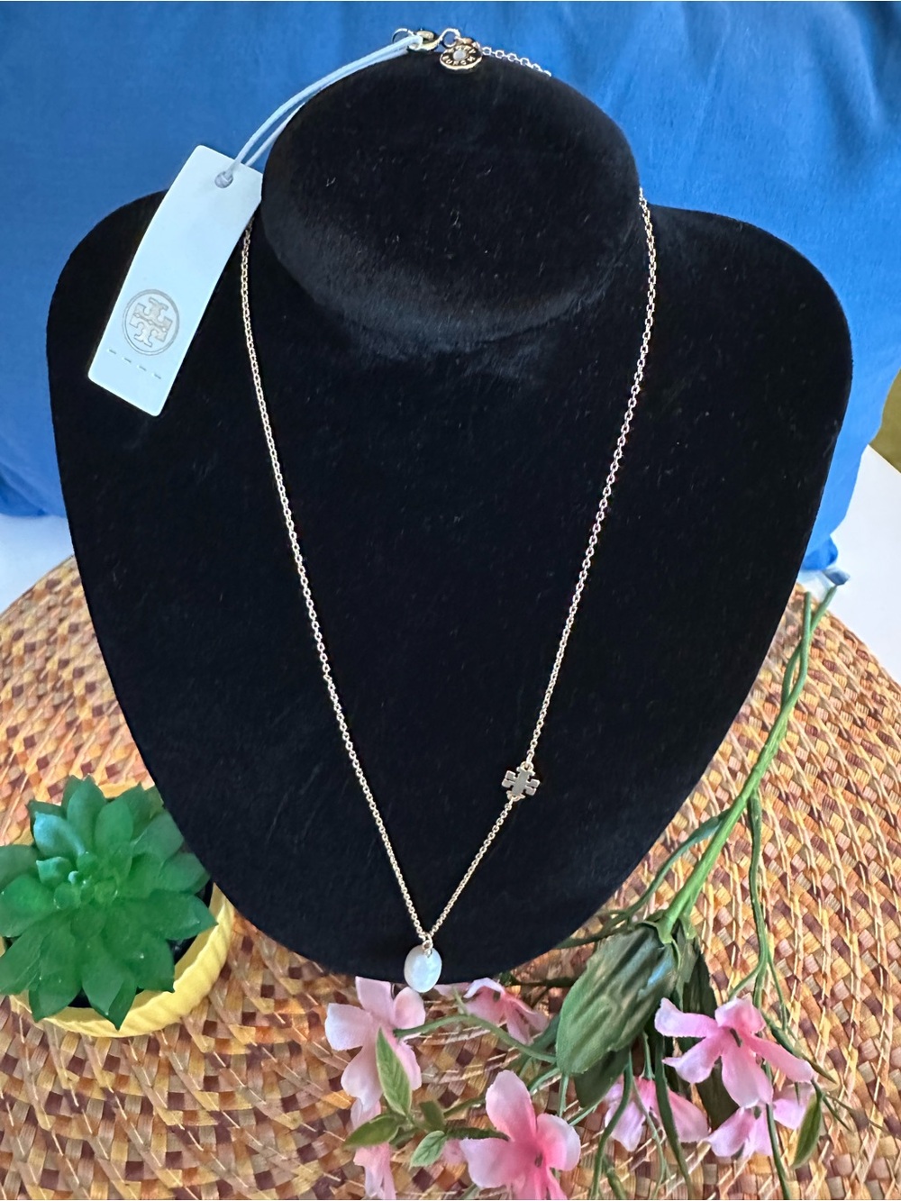 Tory Burch Gold-Tone Necklace with Opalescent Pendant and Logo Charm